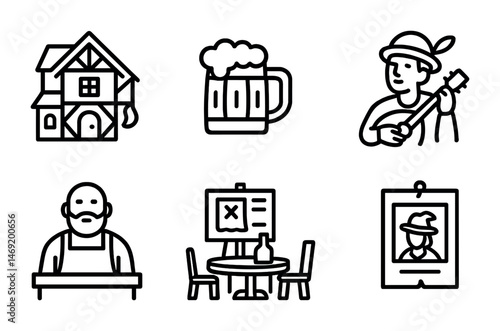 Rustic pub and tavern outline icons set – flat, filled, bar and ale graphics