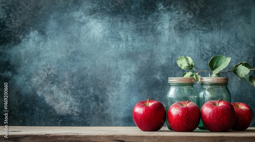 Obraz na płótnie Rustic table with red apples in natural daylight and reflective ceramic jars background decor w salonie