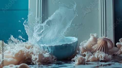 Dramatic splash in blue cup with water and seashells and waves captured in frozen motion