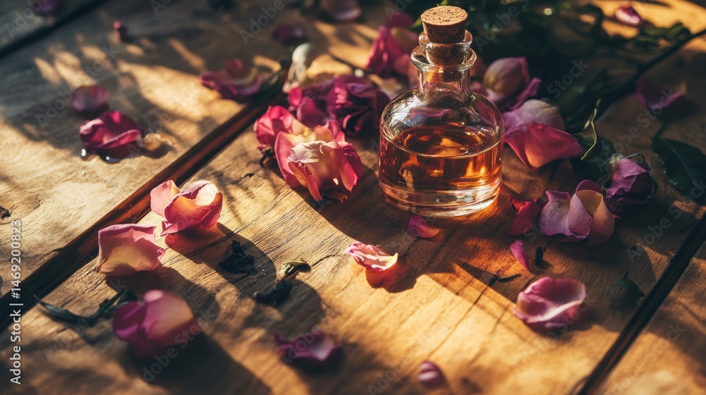Vintage perfume bottle surrounded by rose petals on wooden surface in soft romantic lighting