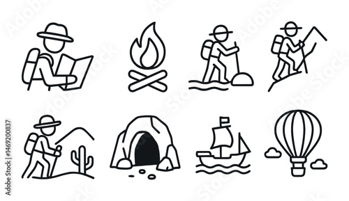 Outdoor adventure icons set – line style, hiking, camping, exploration symbols