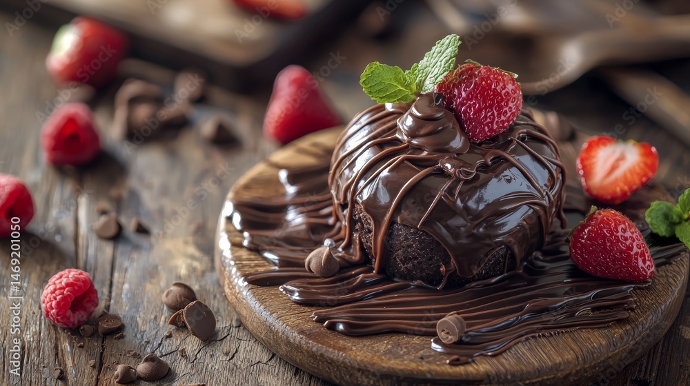 Chocolate dessert cake with whipped topping and fresh raspberries on wooden rustic background plate