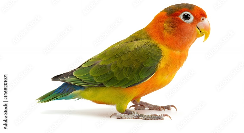 Fototapeta premium Vibrant Lovebird with Orange Green and Yellow Plumage on White Background