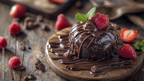 Obraz na płótnie Chocolate dessert cake with whipped topping and fresh raspberries on wooden rustic background plate w salonie