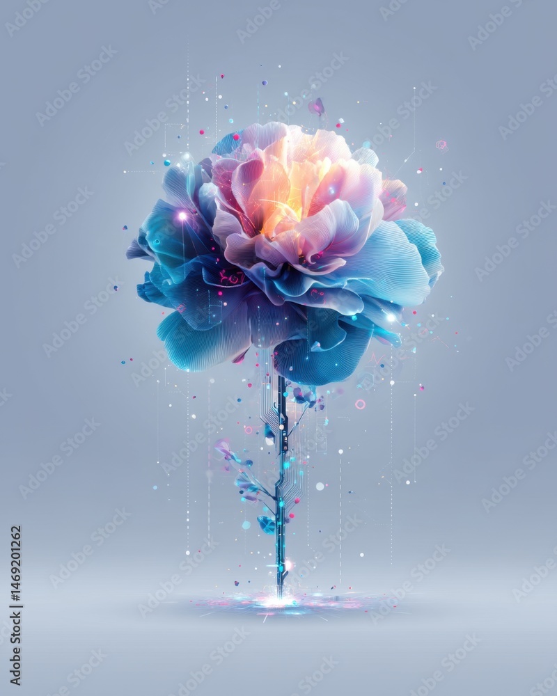 Obraz premium Digital Flower with Glowing Petals and Particles on a Gray Background