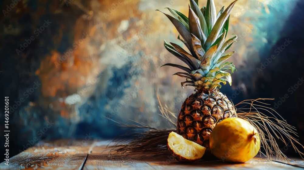 Pineapple and mango on stone surface with dramatic lighting and tropical still life backdrop