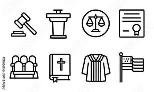 Legal and justice line icons set – flat, outline, law and courtroom symbols