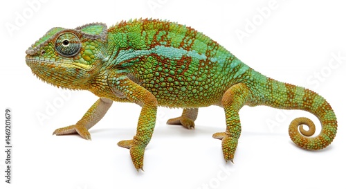 Vivid Chameleon on White Background Showcasing Detailed Skin Texture and Colors