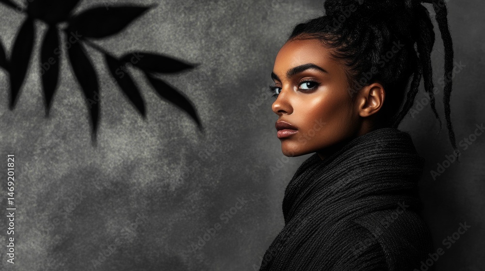 Black woman portrait with confident gaze in moody lighting and monochrome creative background