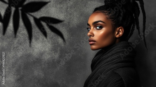 Black woman portrait with confident gaze in moody lighting and monochrome creative background