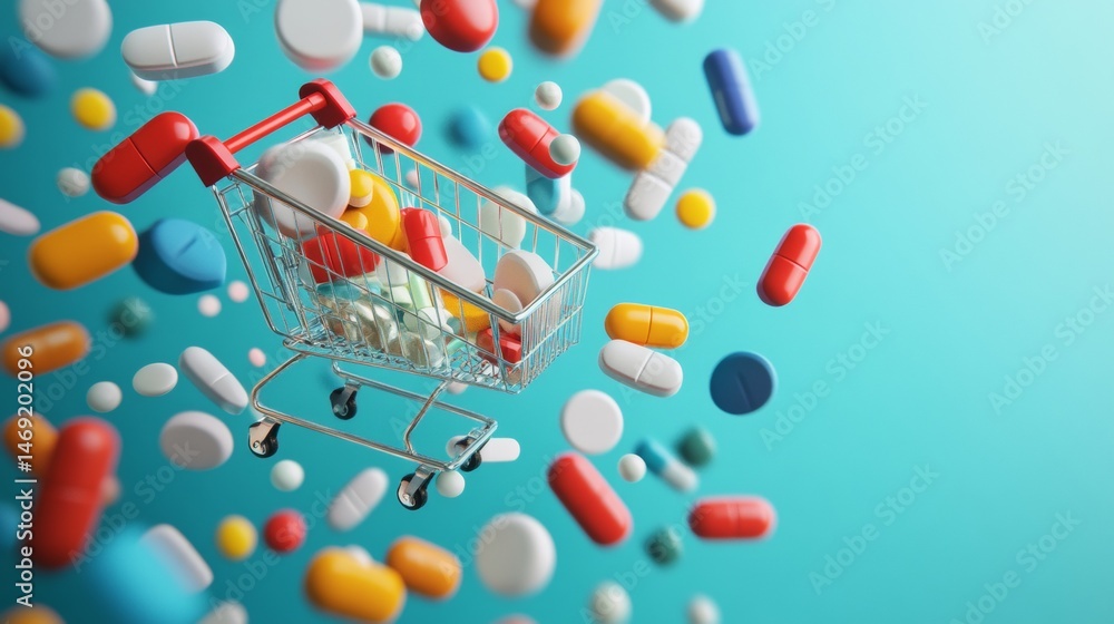 Mini shopping cart filled with medicine pills floating against cyan healthcare concept background
