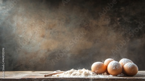 Obraz na płótnie Baking ingredients like flour and eggs on rustic wooden table under moody food light w salonie