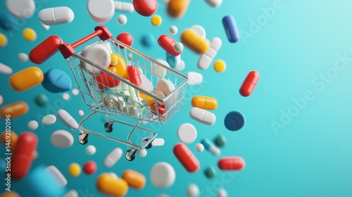 Mini shopping cart filled with medicine pills floating against cyan healthcare concept background