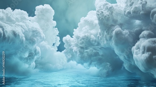 Dramatic landscape of large cloud formations above ocean surface with bright sky atmospheric weather