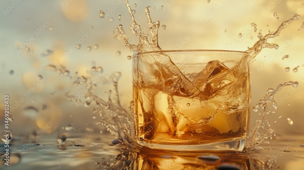 Glass of whiskey splashing with golden liquid on reflective surface in dramatic lighting bar aesthetic