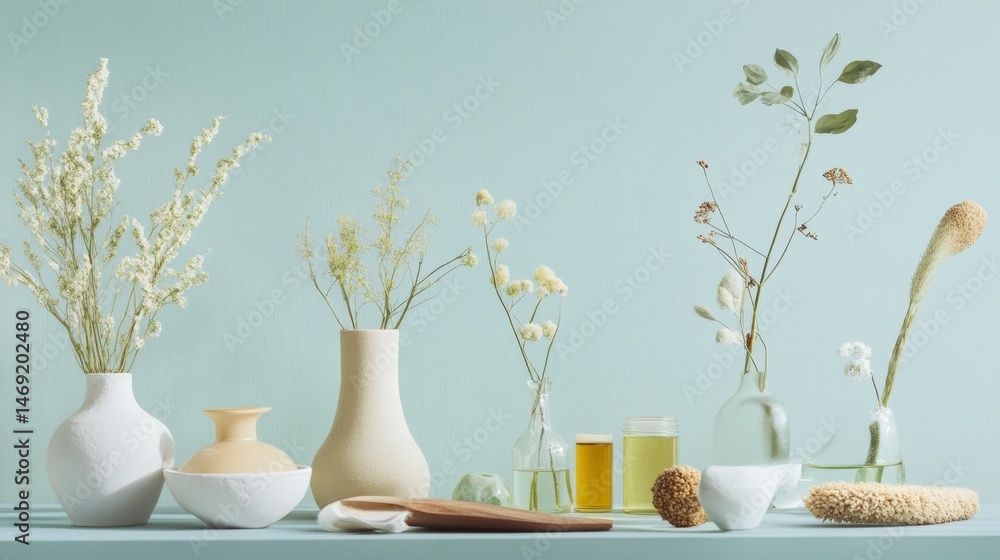 Minimalist ceramic vases with dried flowers arranged in soft neutral room interior natural elegance style