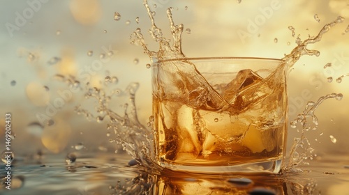 Obraz na płótnie Glass of whiskey splashing with golden liquid on reflective surface in dramatic lighting bar aesthetic w salonie