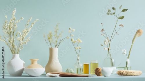 Obraz na płótnie Minimalist ceramic vases with dried flowers arranged in soft neutral room interior natural elegance style w salonie