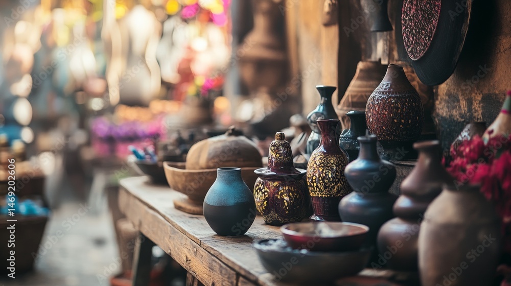 Market stall selling handcrafted pottery vases and jugs with rustic table setup and natural lighting
