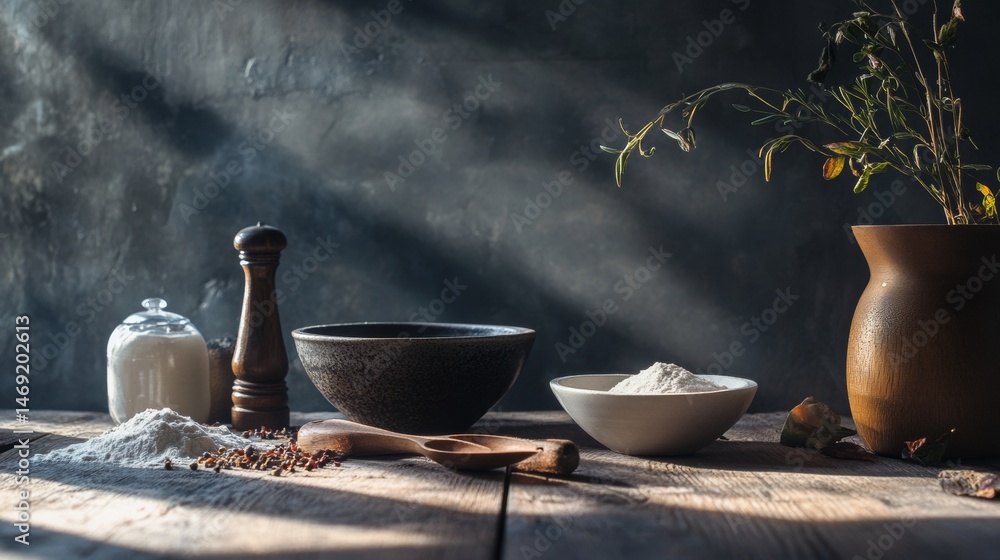 Rustic dinnerware and spices placed on stone kitchen table with wooden utensils in natural lighting