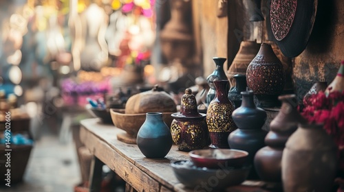 Obraz na płótnie Market stall selling handcrafted pottery vases and jugs with rustic table setup and natural lighting w salonie