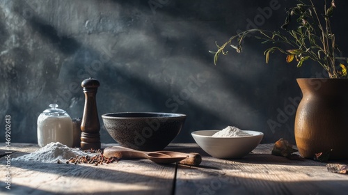 Obraz na płótnie Rustic dinnerware and spices placed on stone kitchen table with wooden utensils in natural lighting w salonie