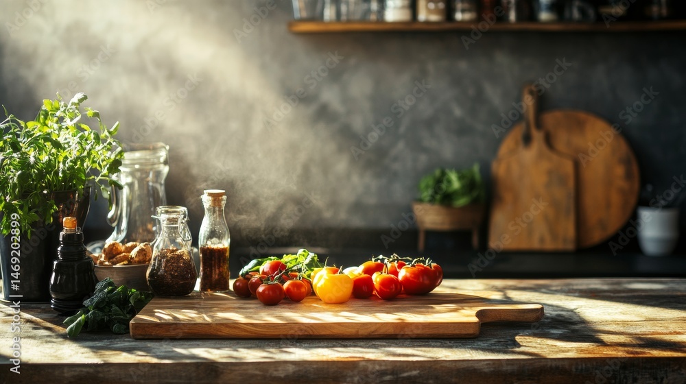 Wooden kitchen counter with herbs oil bottles and fresh vegetables under window daylight preparation mood