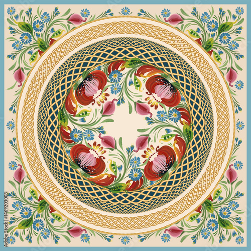 Scarf floral vector pattern from flowers, gold braided belts on a beige and blue background