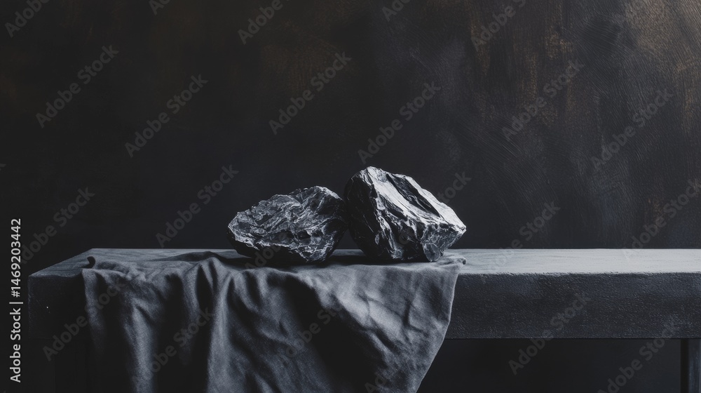 Dramatic dark bedroom scene with sheets draped on bed in moody contrast shadow interior atmosphere