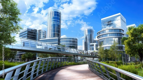 A business complex with interconnected office buildings, sky bridges, and modern urban landscaping.