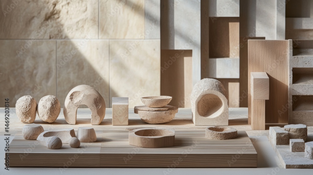 Abstract ceramic sculptures with geometric forms on minimalist surface under soft natural sunlight