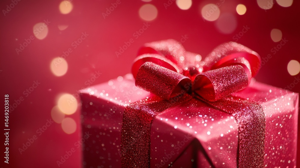 Close up of red glitter gift box with bow festive holiday celebration background cheerful christmas package