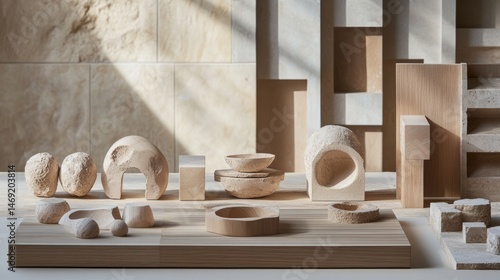 Obraz na płótnie Abstract ceramic sculptures with geometric forms on minimalist surface under soft natural sunlight w salonie