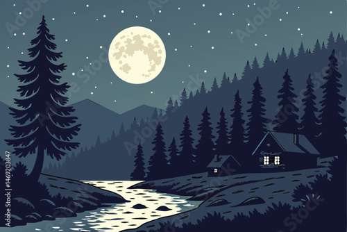 52 intricate night sky with full moon, dark forest landscape, small cabins along a shimmering river, dramatic lighting, cinematic, hyper-realistic, 8k, highly detailed