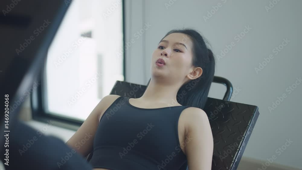 Fit asian woman using leg press machine in a modern gym, focusing on leg strength training, wearing black sportswear in natural light environment Fit asian woman using leg press machine in a modern gym, focusing on leg strength training, wearing black sportswear in natural light environment