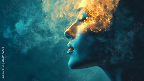 Obraz na płótnie Surreal profile portrait with blue face and golden cloud smoke hair in fantasy art theme w salonie