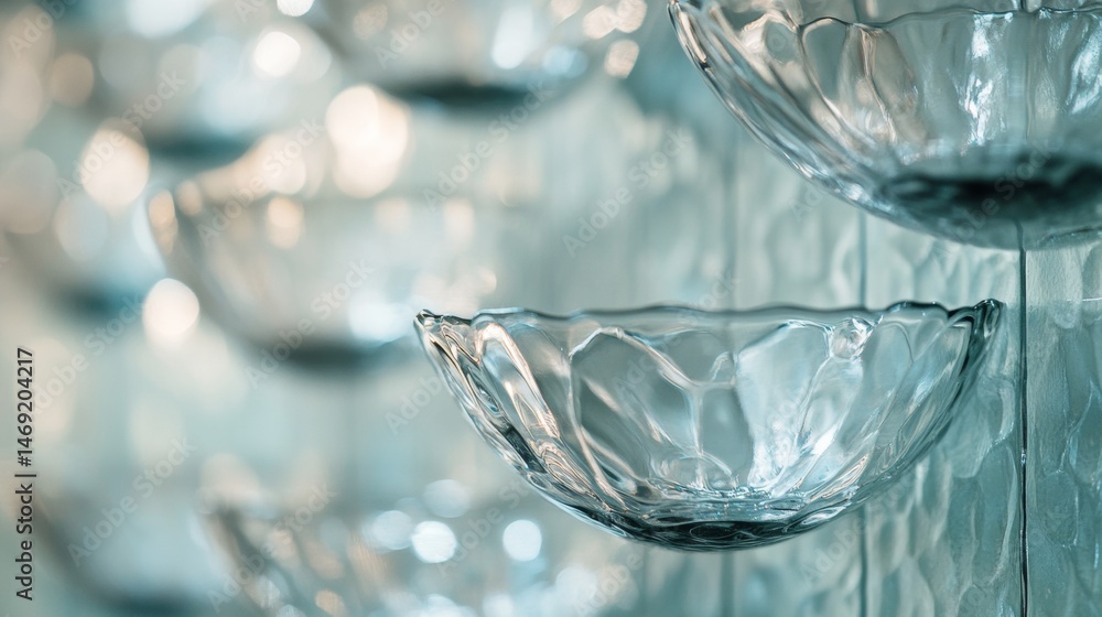 Elegant empty wine glasses on reflective surface with abstract bokeh light in soft tone ambiance