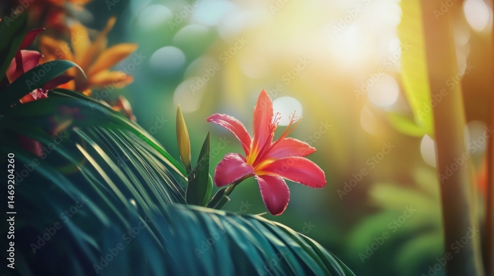 Tropical flower with sunlight flare in lush jungle greenery and warm backlight photography setup