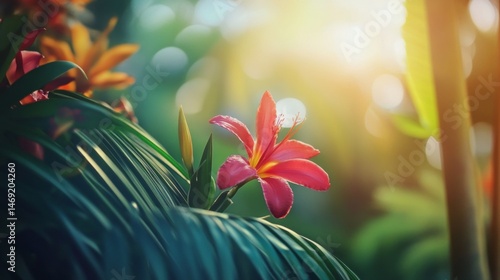 Obraz na płótnie Tropical flower with sunlight flare in lush jungle greenery and warm backlight photography setup w salonie