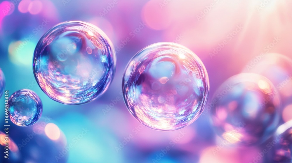 Floating transparent bubbles with reflections and pastel colored light in dreamy atmosphere setting