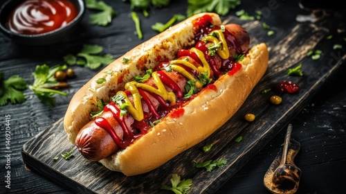 Gourmet hot dog with mustard and ketchup on a wooden board close up Delicious