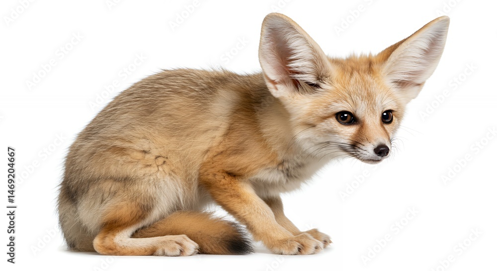Obraz premium Alert Fennec Fox Crouching on White Background with Large Ears