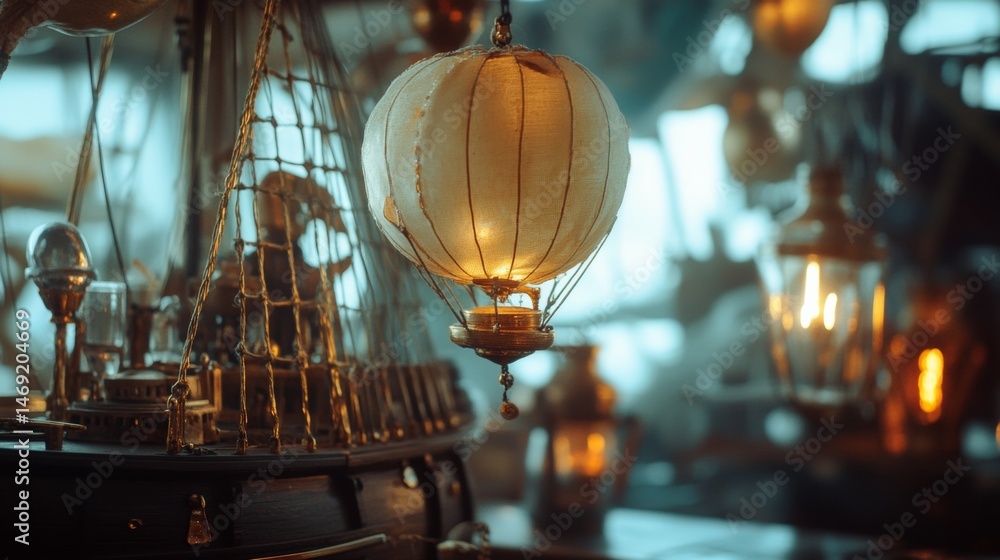 Antique golden ship model with globe inside dimly lit maritime museum display under warm tones