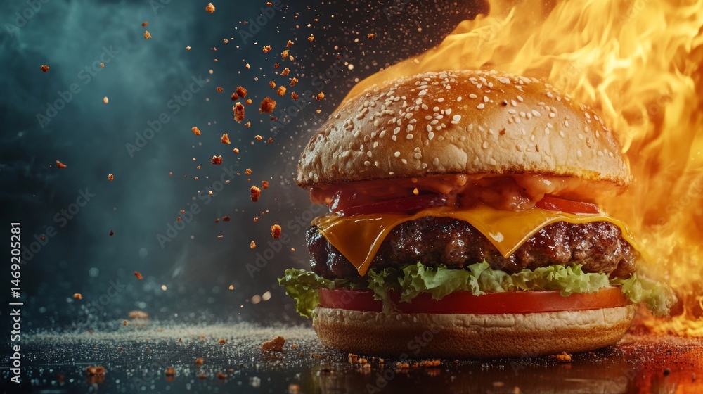 Closeup of flaming grilled hamburger with melted cheese lettuce and tomato in fire background