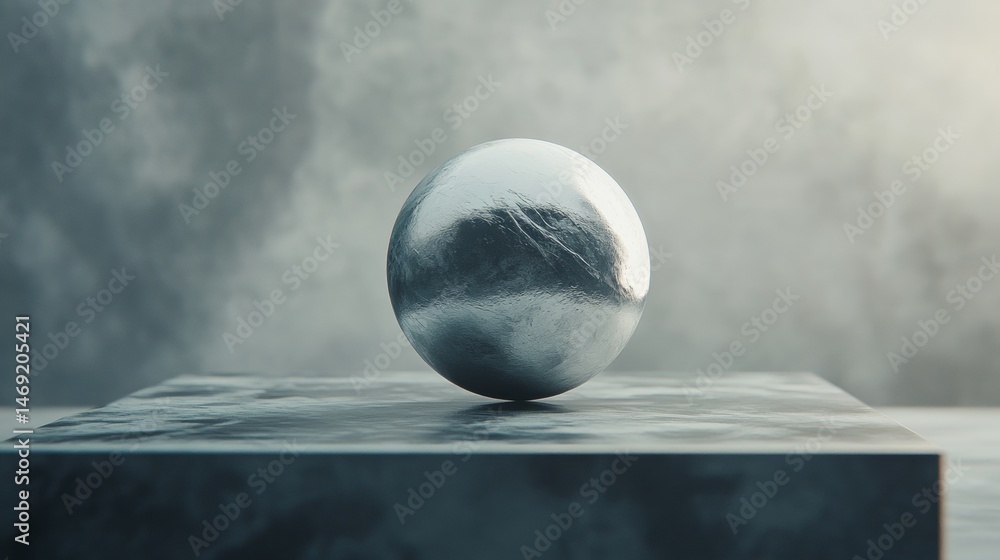 Marble sphere resting on sculpted pedestal with dramatic side lighting and grayscale art concept