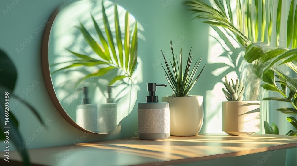Interior design scene with houseplants on shelf and round mirror in modern sunlight living room