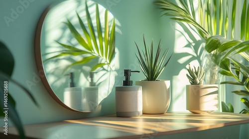 Interior design scene with houseplants on shelf and round mirror in modern sunlight living room