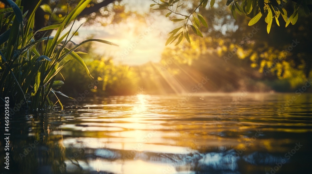Golden sunlight breaking through lush forest canopy reflected on water riverbank during morning calm