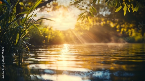 Obraz na płótnie Golden sunlight breaking through lush forest canopy reflected on water riverbank during morning calm w salonie