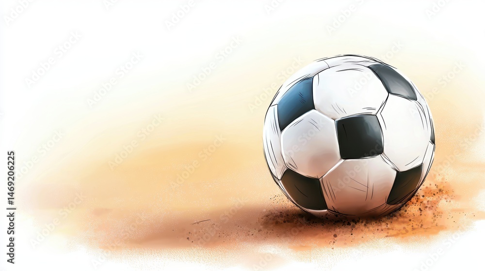 Fototapeta premium A creative illustration of a soccer ball on a dirt field, drawn with sketchy lines and soft shading, giving it a relaxed, hand-drawn feel.